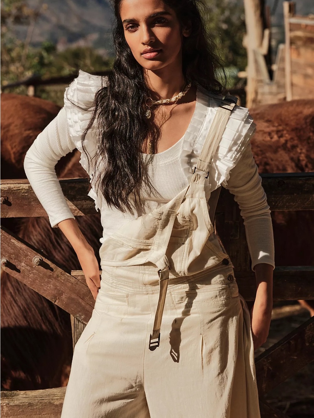 Free People What a Ruffle Long Sleeve White Waffle Scoop Hem Ruffle Shirt